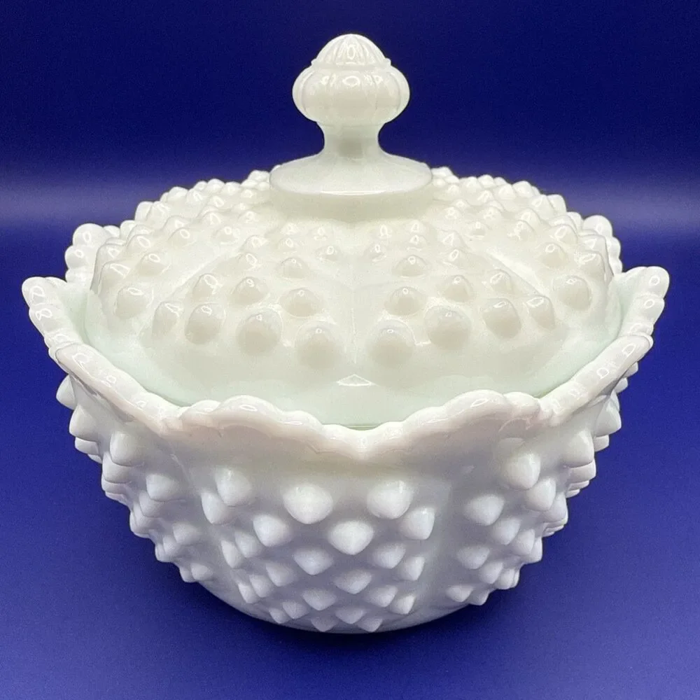 Vintage Fenton White Hobnail Milk Glass Candy Dish w/ Handle and Lid Grandma